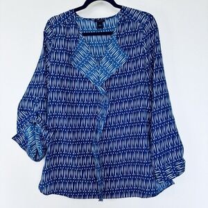 Ann Taylor Marital Blue & White Geometric Print Tunic Chic Business Casual Class